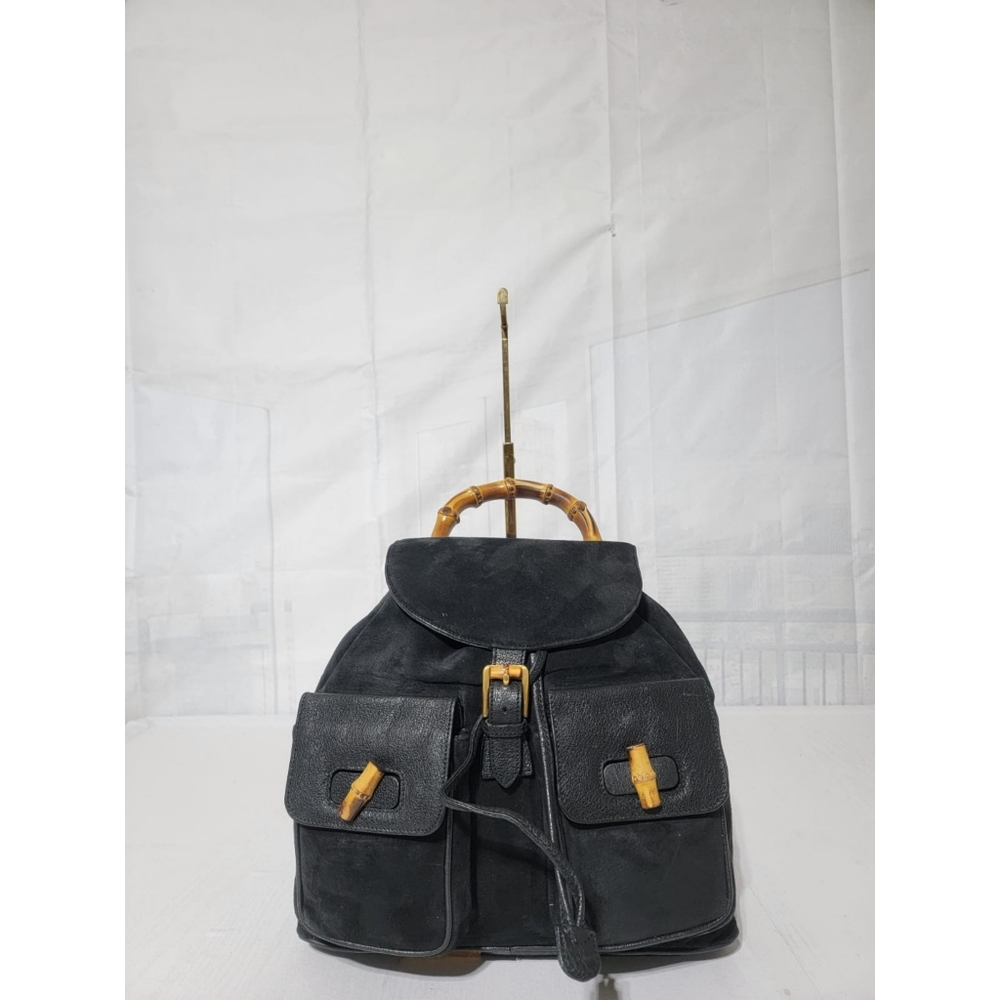 Gucci Vintage Suede & Leather Bamboo Backpack Black